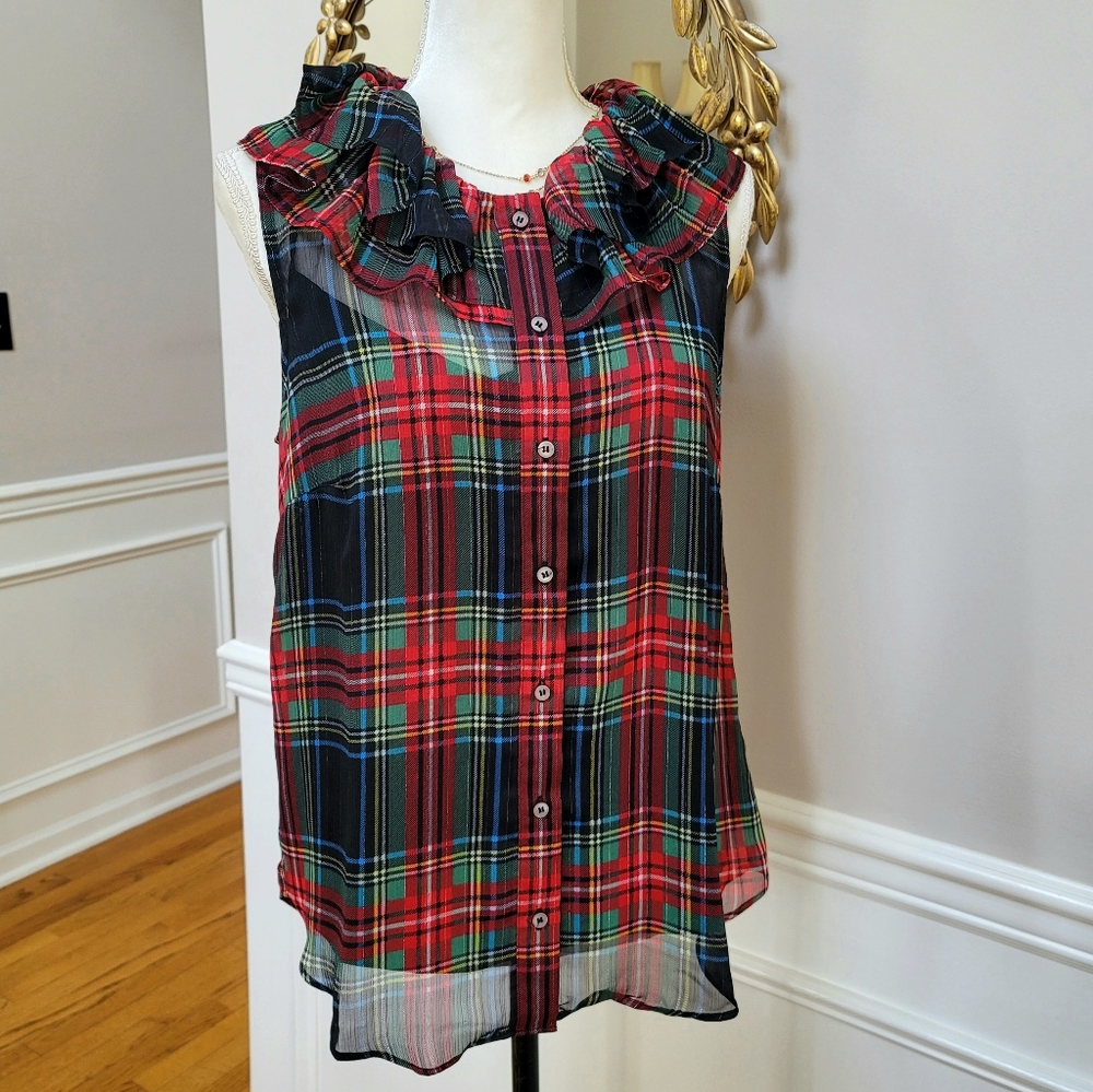 🆕 Holiday party alert! J Crew ruffle-collar filmy red plaid blouse
